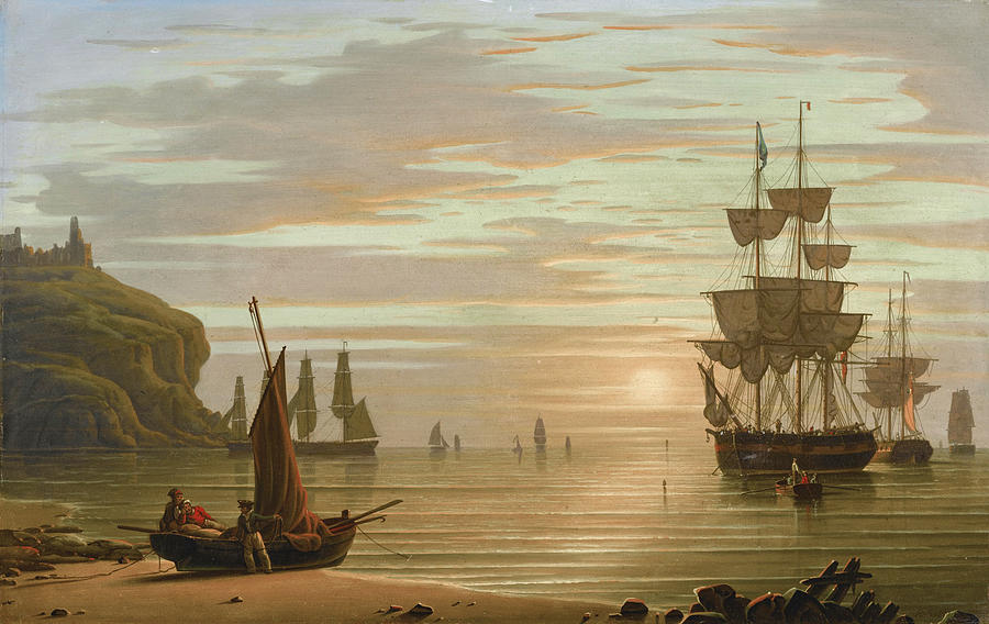 Calm and Sunset, Shipping. Tynemouth Point and Boar Painting by Robert Salmon