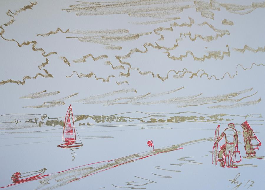 Calm day at Exmouth Beach Devon Drawing by Mike Jory