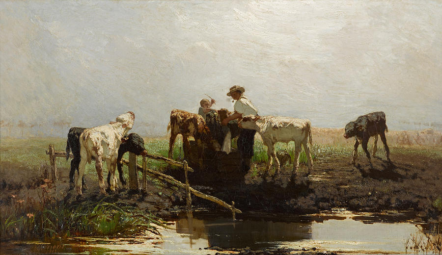 Calves at a trough Painting by Willem Maris