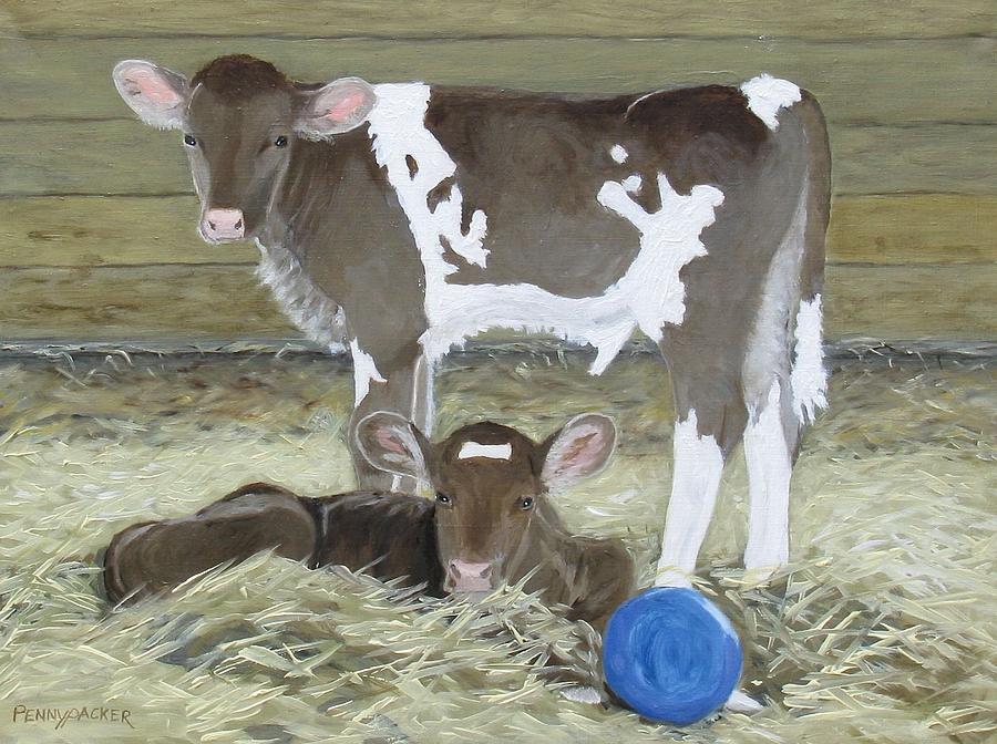 Calves Playing with a Blue Ball Painting by Barb Pennypacker