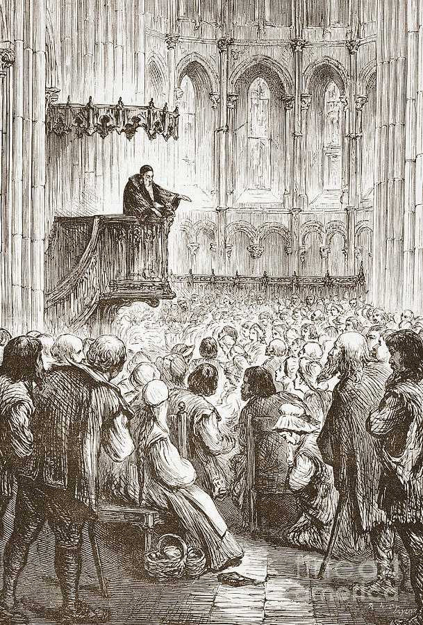 Portrait Drawing - Calvin preaching his farewell sermon in expectation of banishment by English School