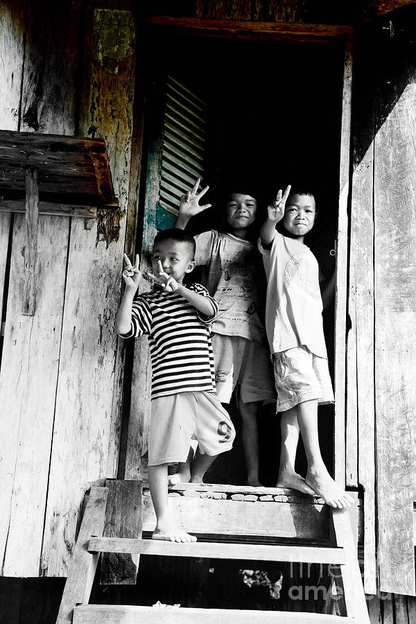 Cambodian Kids At The Entrance To The Barrack Photograph