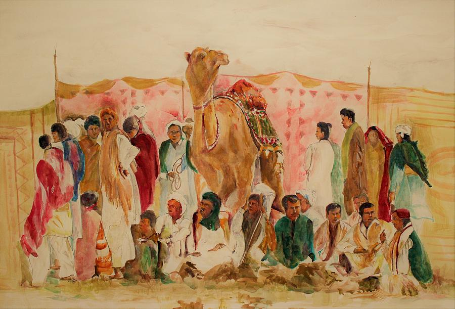Camel and the people Painting by Khalid Saeed