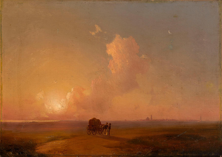 Camel-Cart at Sunset in a Coastal Landscape Painting by Ivan Konstantinovich Aivazovsky