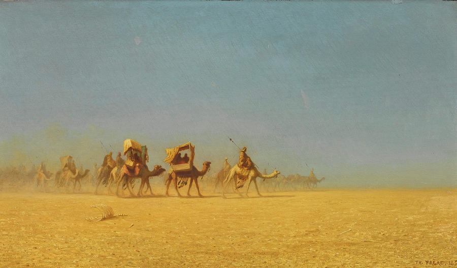 Camel Train in the Desert Painting by Charles-Theodore Frere