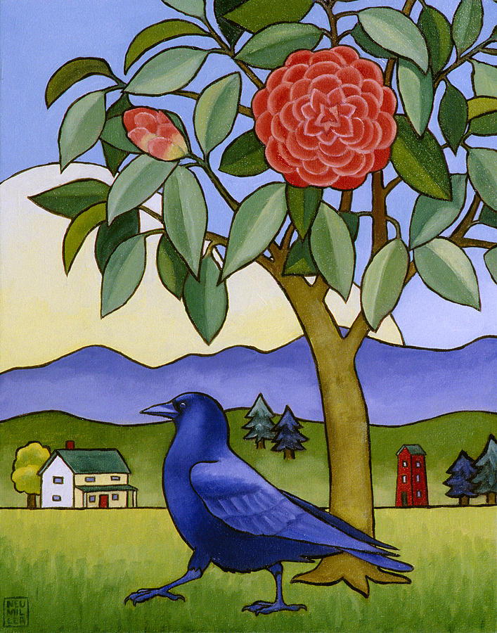 Crow Painting - Camellia and Crow by Stacey Neumiller
