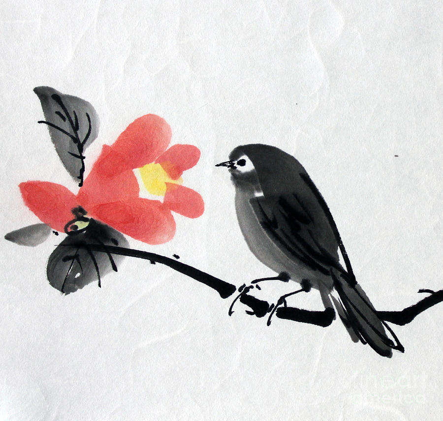 Nature Painting - Camellia and a Little Bird by Fumiyo Yoshikawa