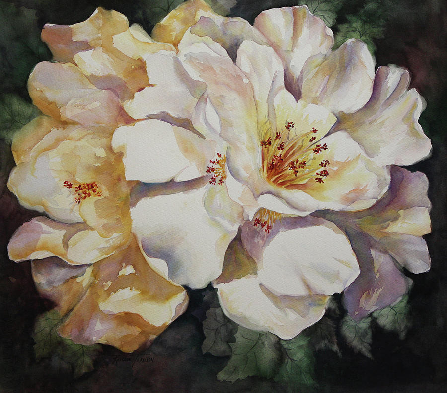Camellias Golden Glow Painting by Roxanne Tobaison