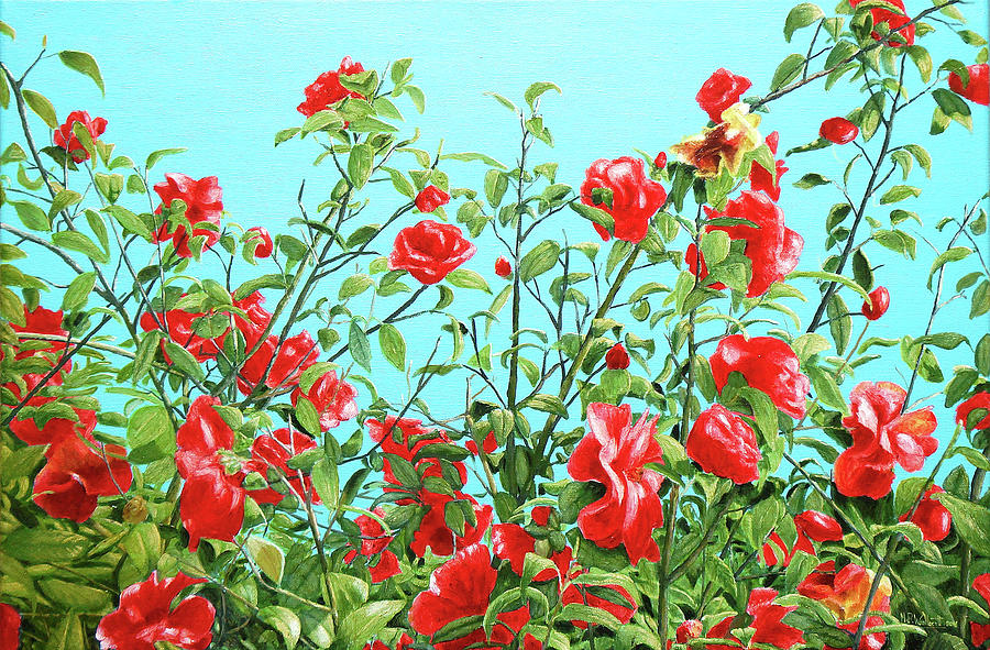 Camellias With Turquoise Background Painting by Mark Woollacott