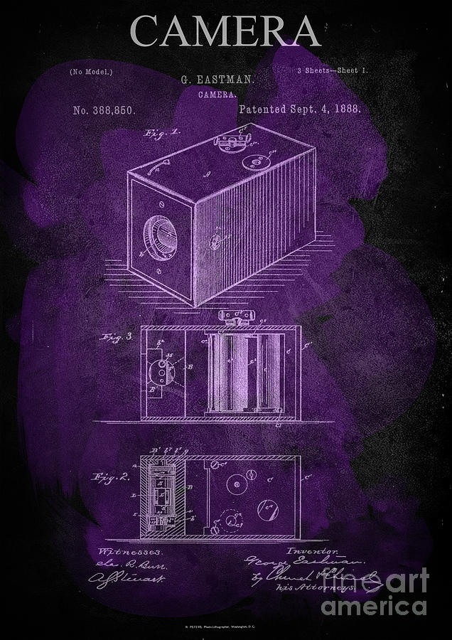 Camera - G.Eastman Kodak. Patent 1888 -part 1 -Purple. Drawing by Prar ...