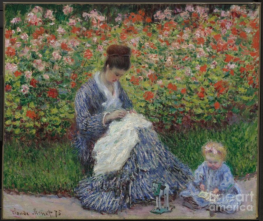 Camille Monet and a Child in the Artists Garden in Argenteuil Painting by MotionAge Designs