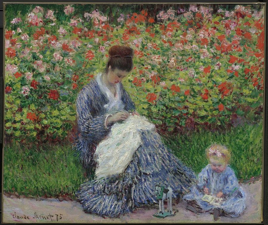 Camille Monet and a Child in the Garden in Argenteuil Painting by Claude Monet