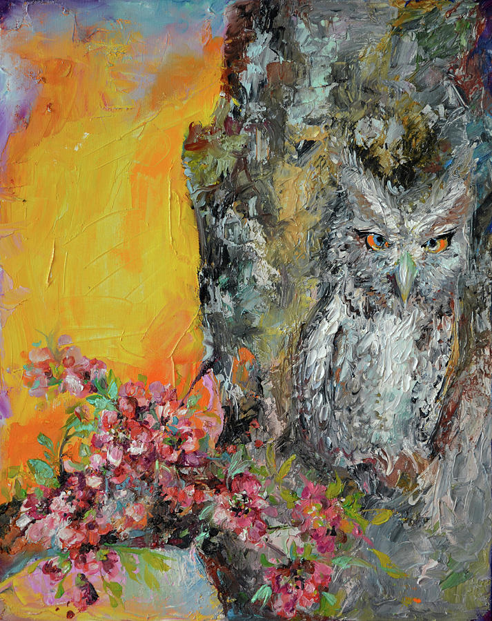 Camouflaged Owl and Spring Cherry Flowers - Modern Original Oil Painting Painting by Soos Roxana Gabriela