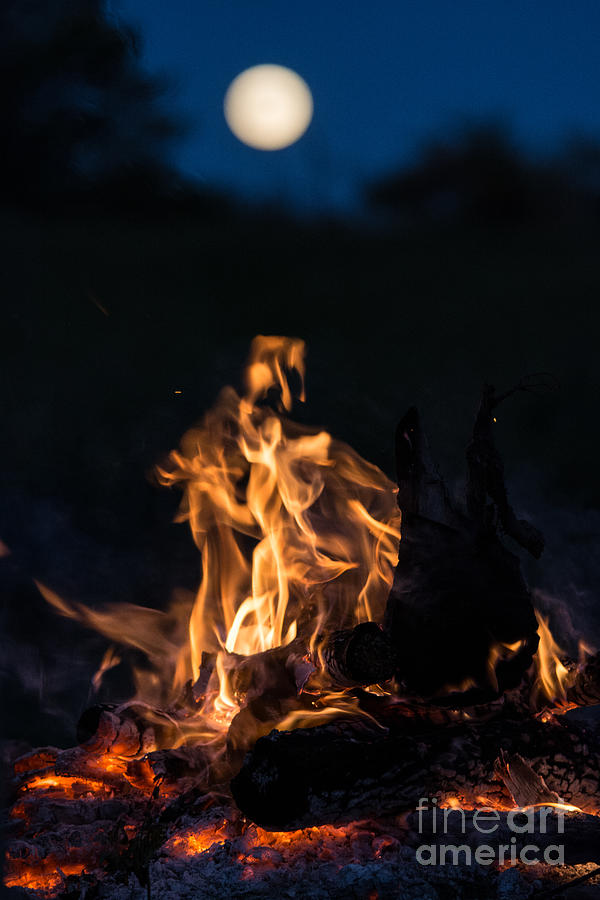 Camp Fire And Full Moon Photograph
