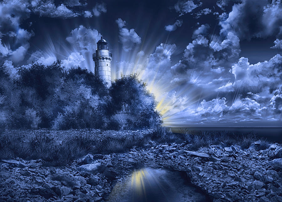 Cana Island Lighthouse Blue Painting by Bekim M