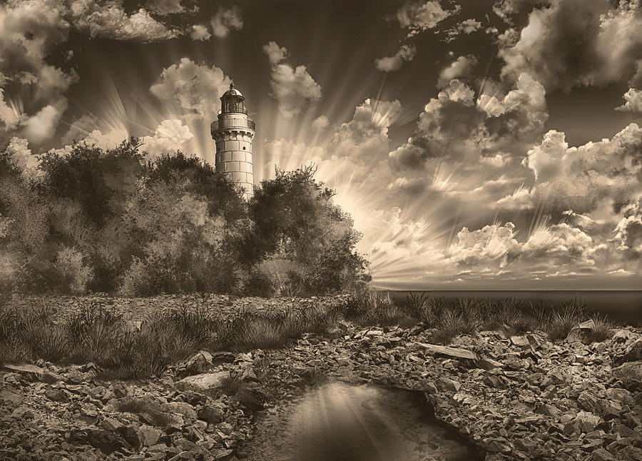 Cana Island Lighthouse Sepia Painting by Bekim M