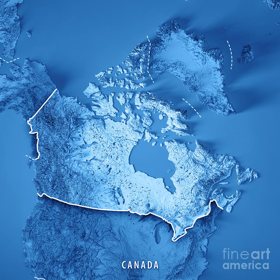 Canada 3D Render Topographic Map Blue Border Digital Art By Frank ...