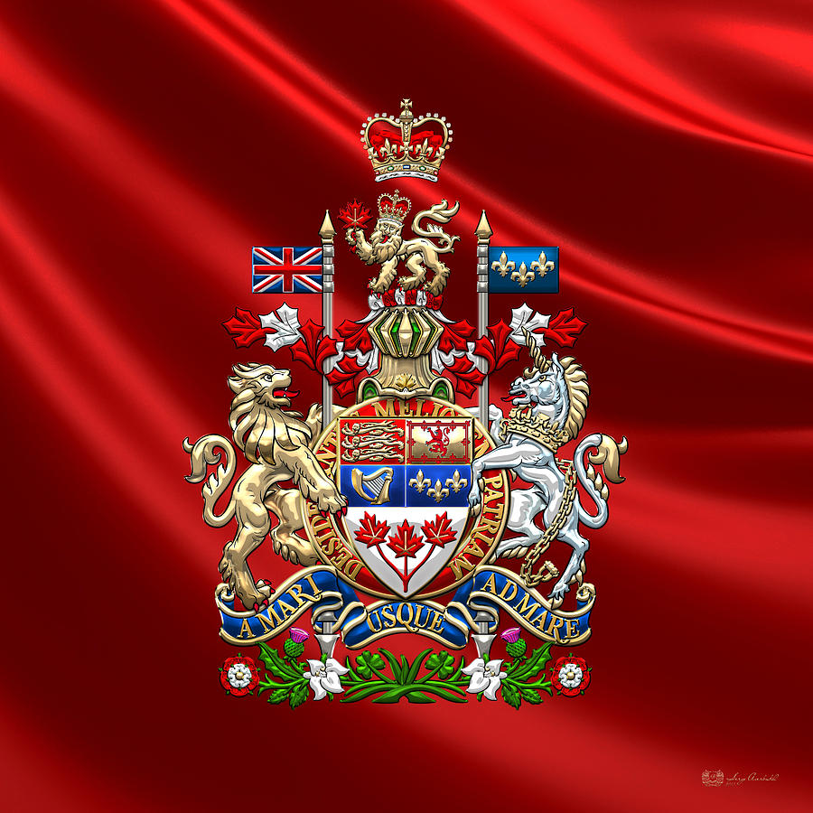 Canada Coat of Arms over Red Silk Digital Art by Serge Averbukh