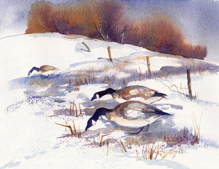 Canada Geese in Stubble Field II Painting by Peggy Wilson