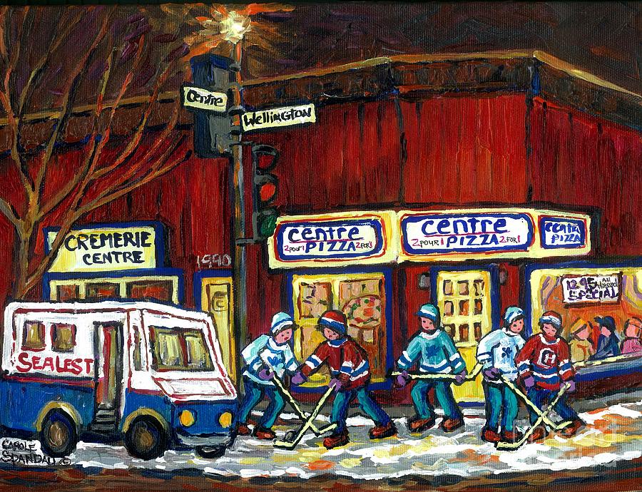 Canadian Art Pointe St Charles Paintings Night Hockey Game Centre Pizza Sealtest Delivery Truck  Painting by Carole Spandau