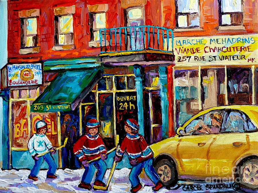 Canadian Art Street Scene Hockey Painting Montreal 375 Rue St Viateur Winter Scene Carole Spandau    Painting by Carole Spandau