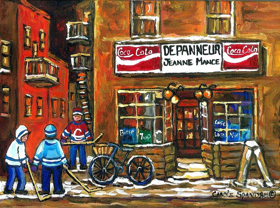 Canadian Hockey Art Night Scene Coca Cola Depanneur Best Montreal Art Quebec Paintings For Sale Painting by Carole Spandau