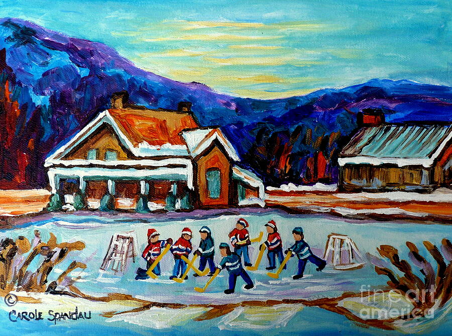 Canadian Painting Pond Hockey Art Cozy Country Cabins Scenes Winter Landscape C Spandau Quebec Art   Painting by Carole Spandau