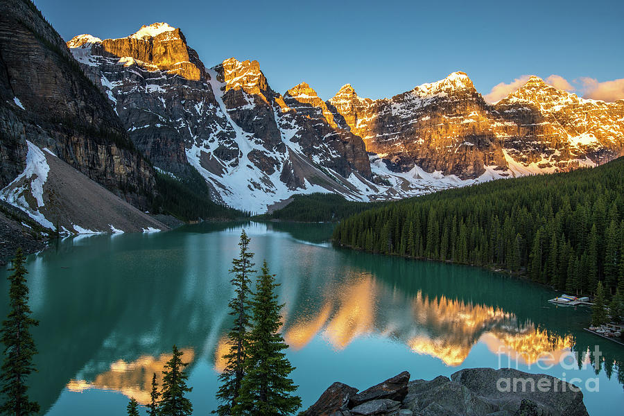Canadian Rockies Golden Sunrise Light Reflection Photograph by Mike Reid