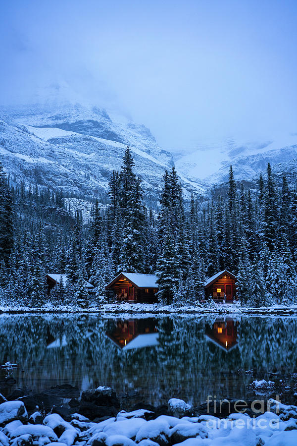 Canadian Rockies Winter Lodges Snow Reflection Photograph by Mike Reid