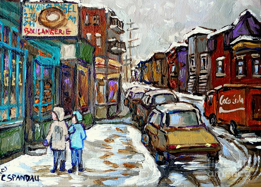 Canadian Winter Paintings Rue St Viateur Boulangerie Best Authentic Montreal Original Art Painting by Carole Spandau