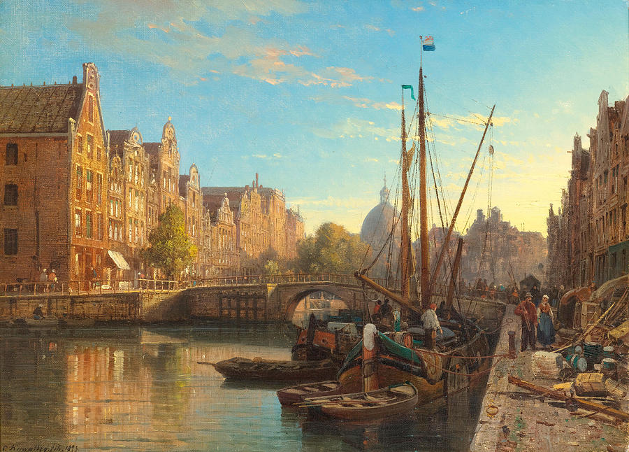 Canal scene with sailing ships against the backdrop of a town Painting by Charles Kuwasseg