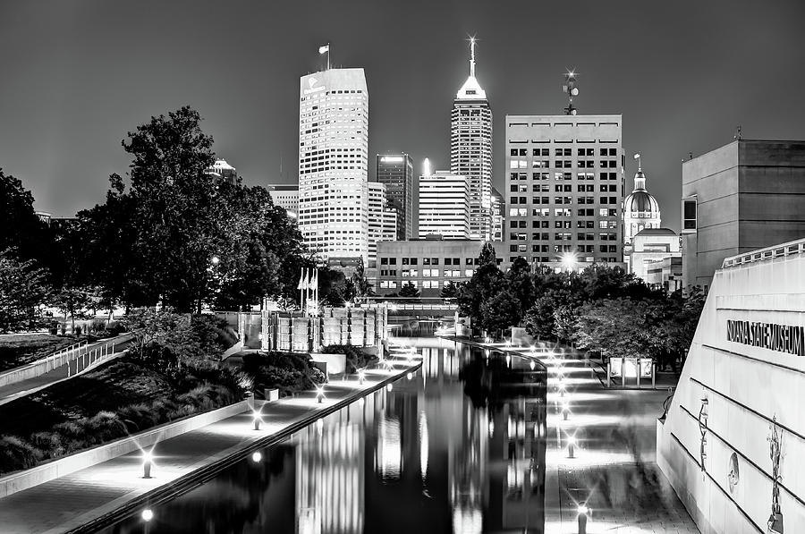 Indianapolis Skyline Photograph - Canal Walk to Indianapolis Indianas Skyline - Black-White by Gregory Ballos