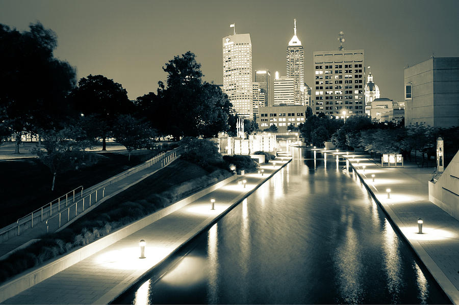 Indianapolis Photograph - Canal Walk to the Downtown Indianapolis Skyline - Sepia by Gregory Ballos