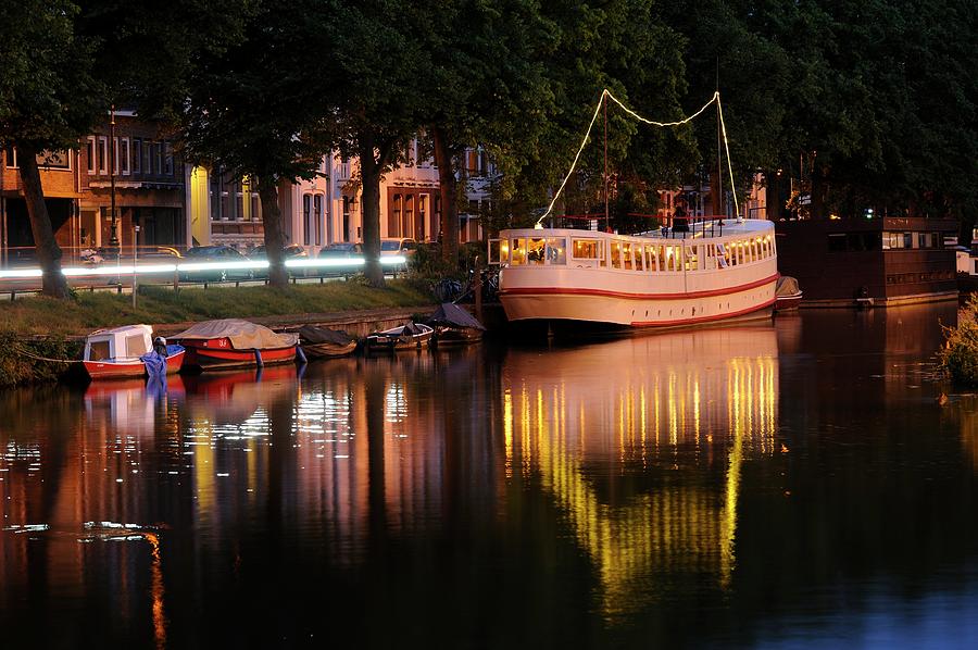 Canal Wittevrouwensingel with Culture Boat in Utrecht at night 264 Photograph by Merijn Van der Vliet