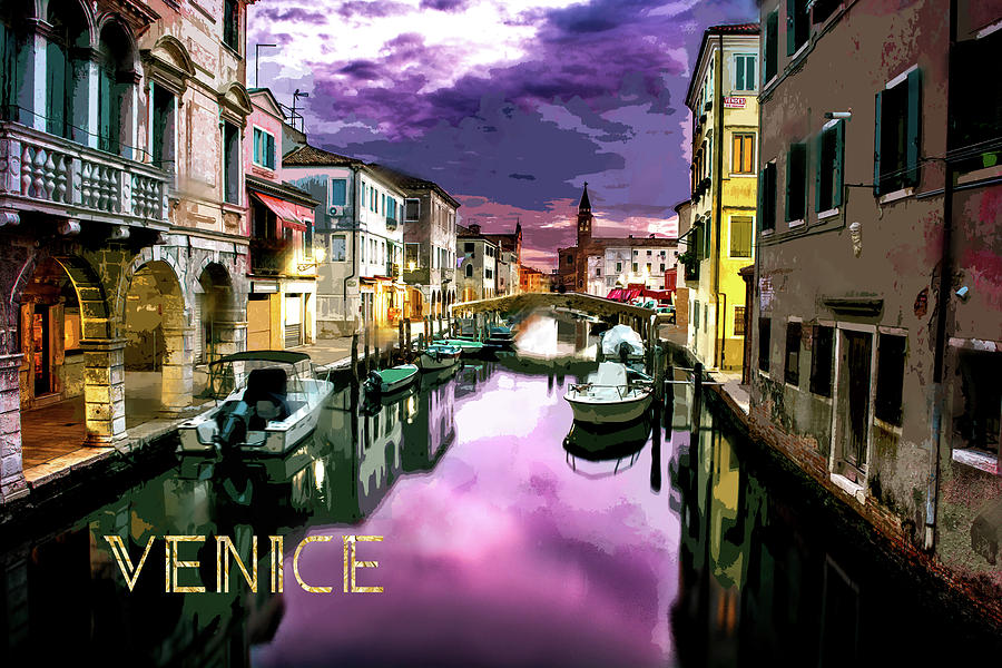 Boat Painting - Canals of Venice in Purple Dusk Lighting TEXT VENICE by Elaine Plesser