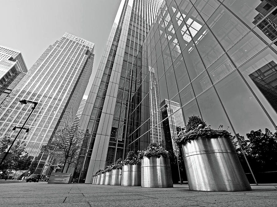 Canary Wharf Financial District in Black and White Photograph by Gill Billington