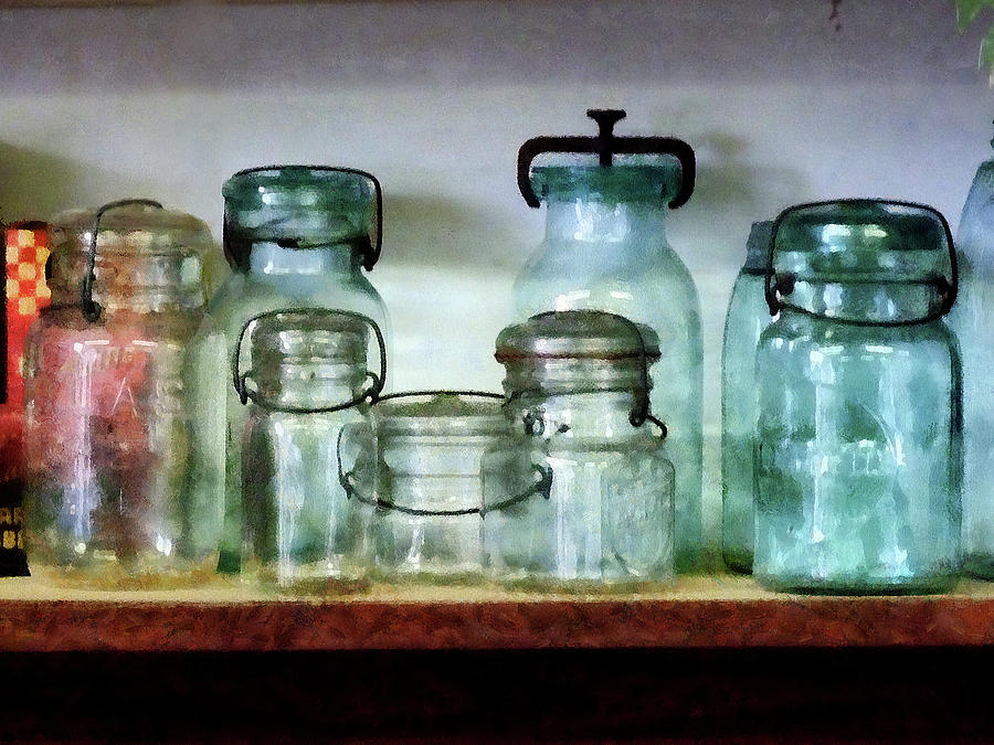 Canning Jars on Shelf Photograph by Susan Savad