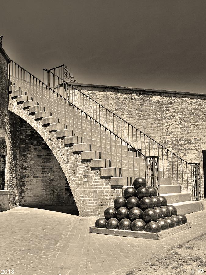 Cannon Balls And The Stairs At Fort Macon North Carolina Black And White Photograph by Lisa Wooten