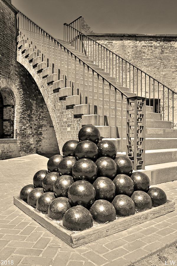 Cannon Balls And The Stairs At Fort Macon North Carolina Black And White Vertical Photograph by Lisa Wooten