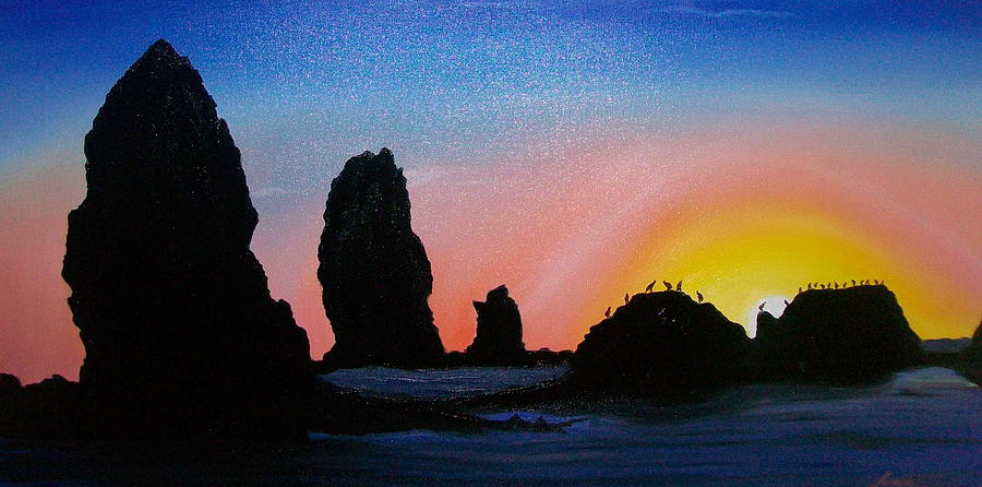 Colorful Painting - Cannon Beach Haystack Rocks 10 by James Dunbar