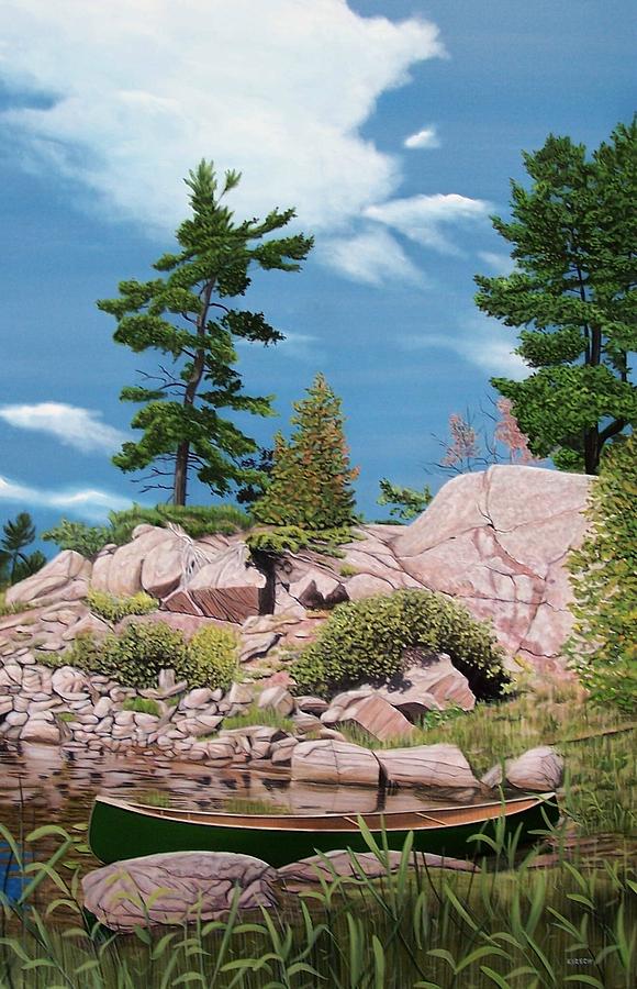 Canoe Among The Rocks Painting by Kenneth M Kirsch