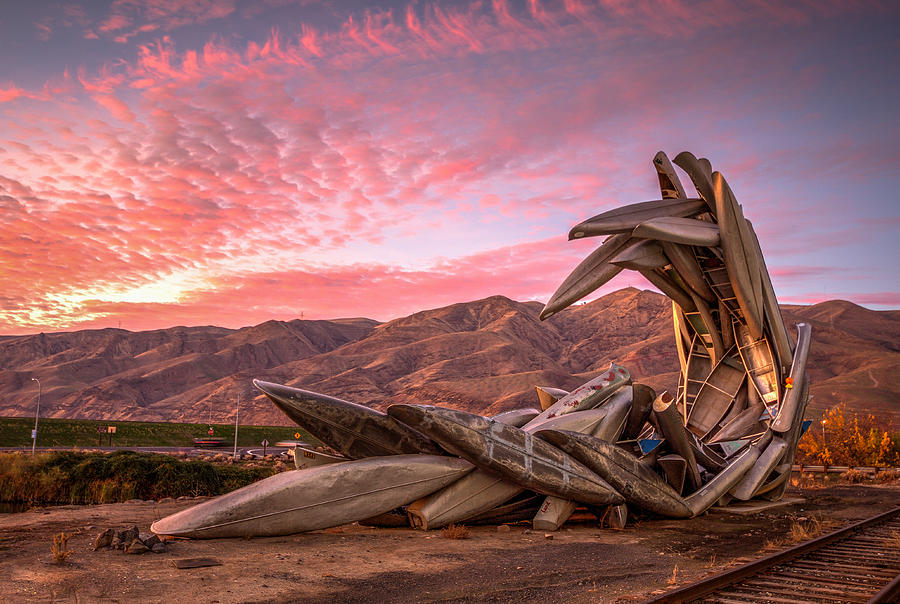 Canoe Art Sculpture with Pink Clouds Photograph by Brad Stinson