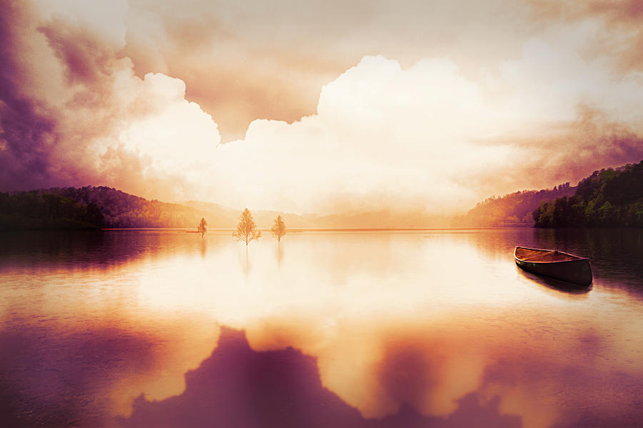 Canoe in the Clouds  Warm Tones Painting Photograph by Debra and Dave Vanderlaan