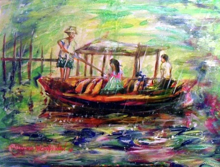 Canoe in the Rain Painting by Wanvisa Klawklean