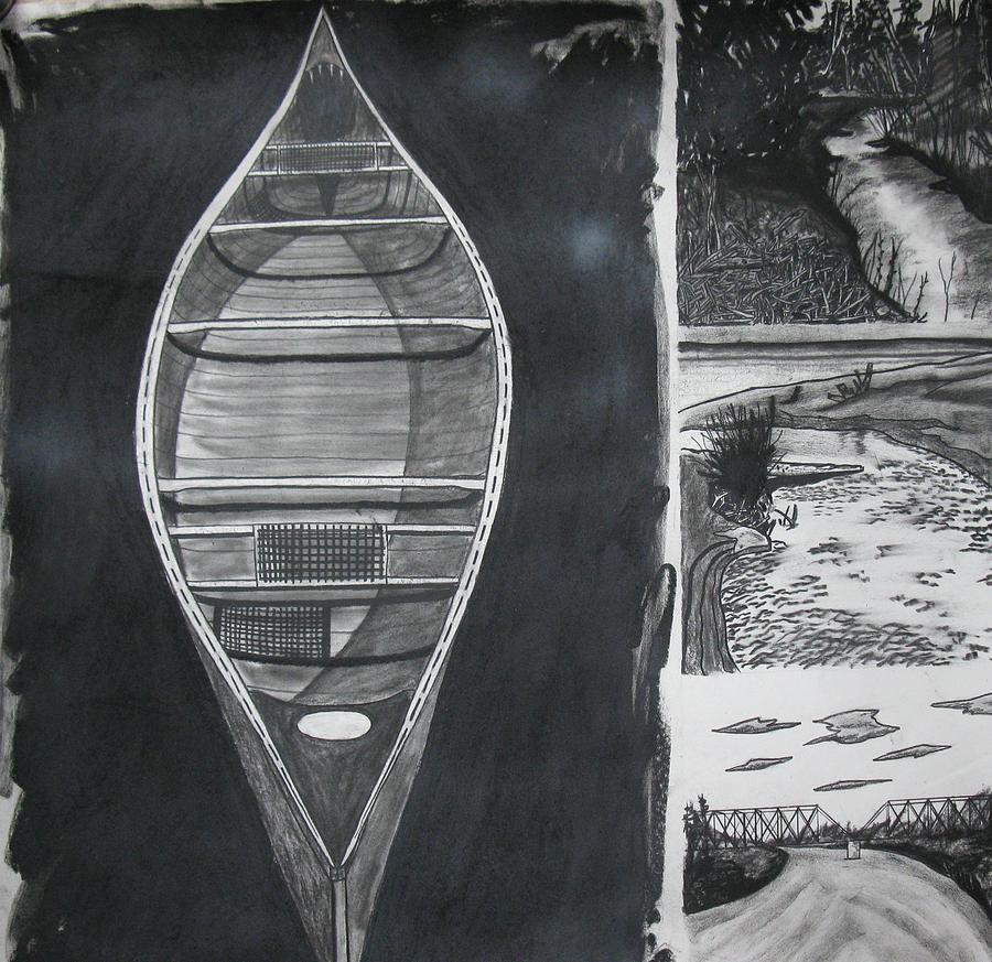 Charcoal Drawing - Canoe with three rivers by Lee Davies