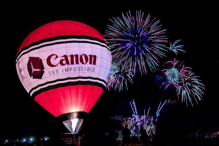 Canon - See Impossible - Hot Air Balloon with Fireworks Photograph by Ron Pate