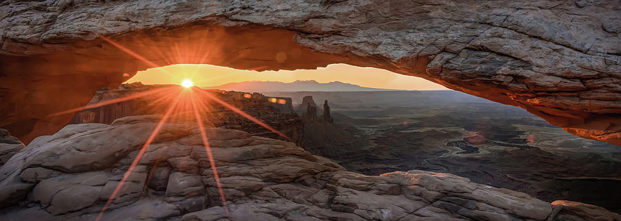Nature Photograph - Canyon Panoramic Light - Mesa Arch in Canyonlands National Park by Gregory Ballos