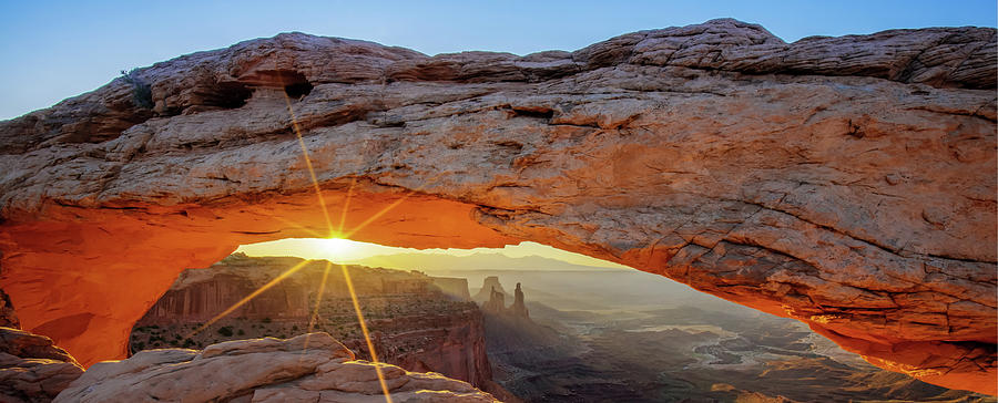 Nature Photograph - Canyonlands Light Under Mesa Arch - Moab Utah Mountain Landscape Panorama by Gregory Ballos