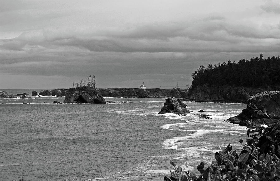 Cape Arago Lighthouse bw Photograph by Kami McKeon