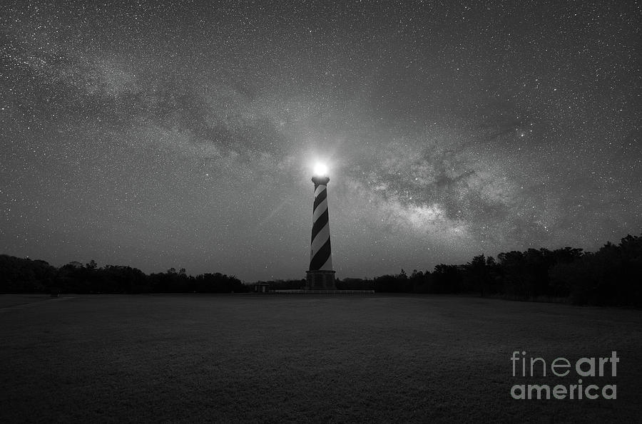 Nature Photograph - Cape Hatteras Light under the Milky Way BW by Michael Ver Sprill